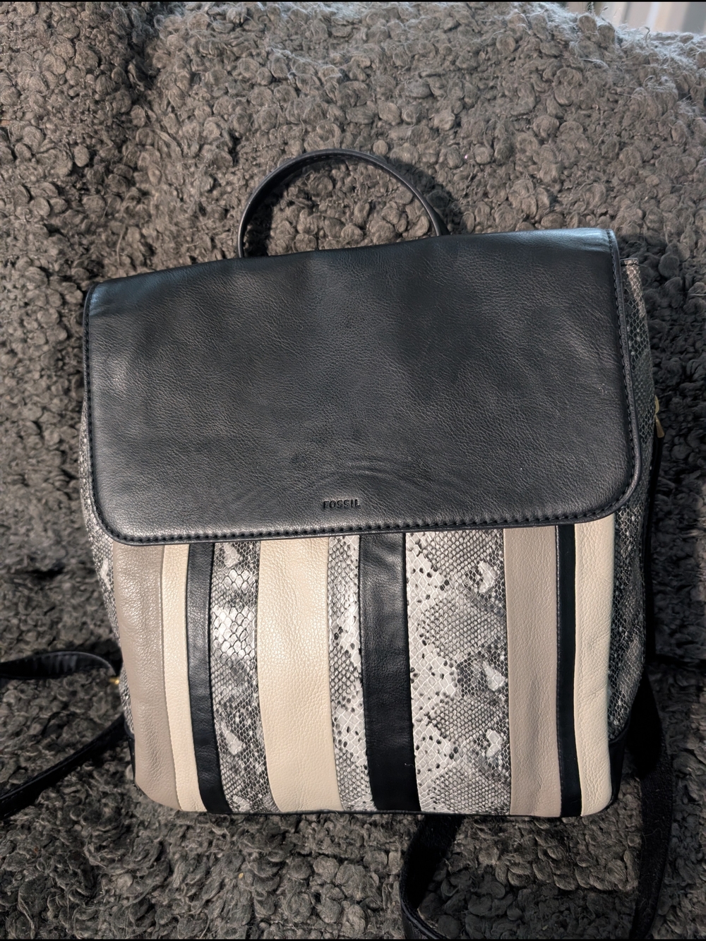 Fossil Clair Backpack. Black, Cream and Snake-Print Striped Leather Backpack